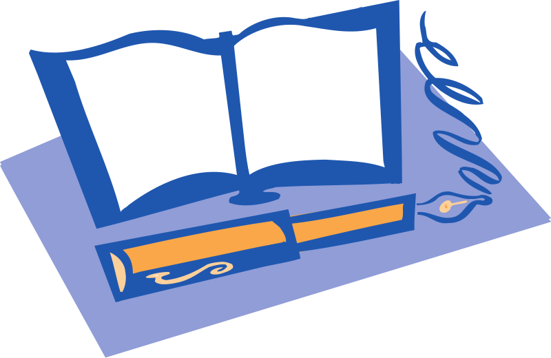 Ilustración de un libro abierto y una pluma de la que salen línas simulando letras estilizadas. 