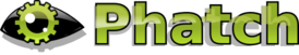 Una imagen que simula un ojo estilizado, con el iris formado por una rueda dentada, y con la palabra Phatch a su derecha.
