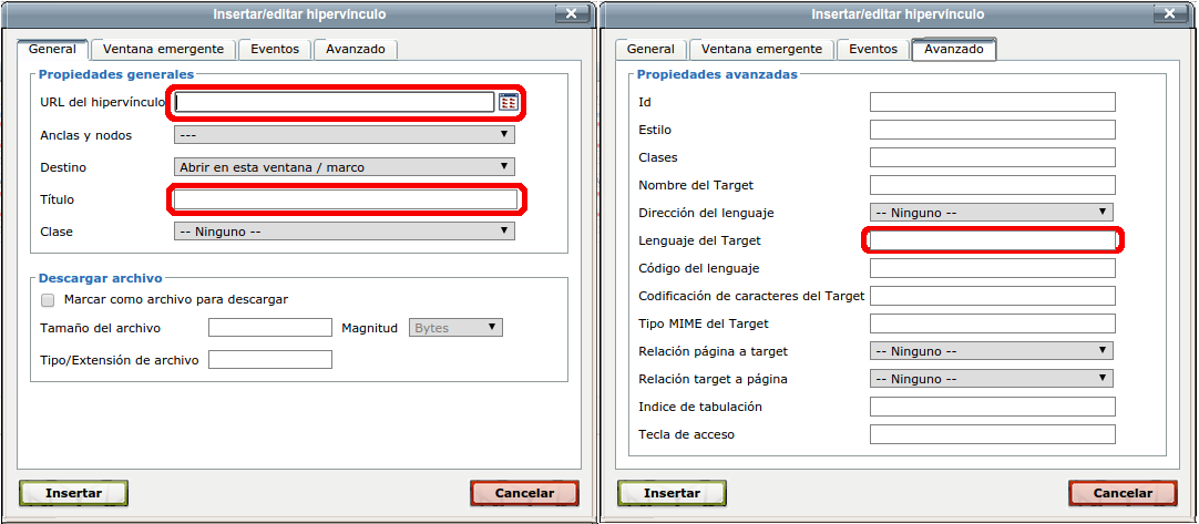 Cuadro de diálogo enlace. Es una captura doble, de la pestaña General, en la que se resltan los campos a rellenar, y que son URL del hipervínculo y Título. Aunque no está resaltado, el desplegable Destino tiene seleccionado "Abrir en esta ventana / marco". En la captura de la pestaña Avanzado, se selecciona el cambpo "Lenguaje del Target", en el que se indica el idioma de la página web a la que lleva el enlace, si fuera distinto al del texto de contenidos que contiene ese enlace. 