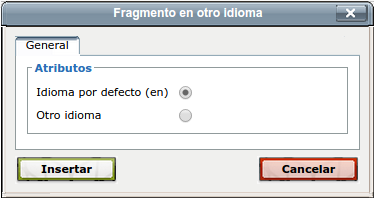 Diálogo idioma en el que está seleccionada la opción por defecto (idioma por defecto).