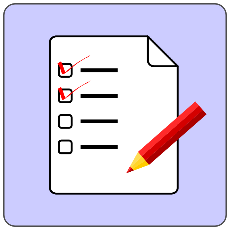 Icono de examen, en el que se ve una hoja con casillas de verificación, unas marcadas y otras no, y sobre la hoja, un lápiz rojo, como las marcas de algunas casillas.