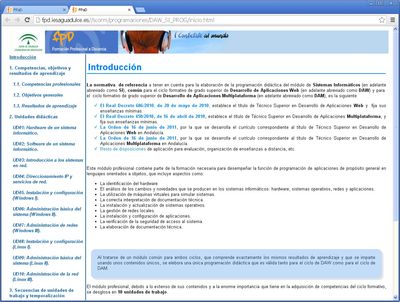 Captura de pantalla de la plataforma de gestión de FPaD (Vista de la programación docente)
