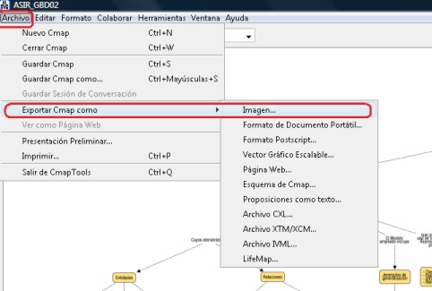 Exportar cmap con formato de imagen .png. Se ve un mapa abierto con CmapTools, con el menú Archivo | Exportar Cmap como | Imagen...  desplegado.