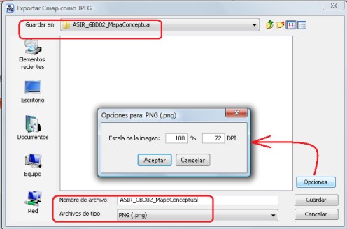 Exportar Cmap como png. Captura de pantalla de la aplicación CmapTools abierta, conel cuadro de diálogo Exportar Cmap como JPEG abierto. A pesar del nombre, permite elegir como tipo de Archivo .png, y con opciones elegimos la escala de la imagen, al 100%. Además, se aprecia que en el cuadro Nombre de archivo se ha introducido como nombre ASIR_GBD02_MapaConceptual