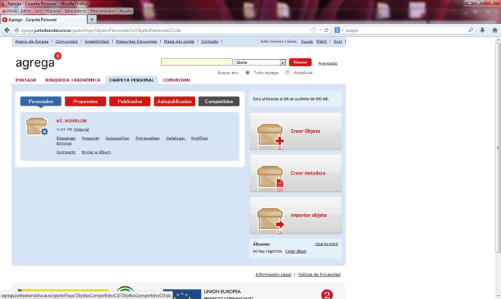 Captura de pantalla de la web de Agrega mostrando un objeto importado
