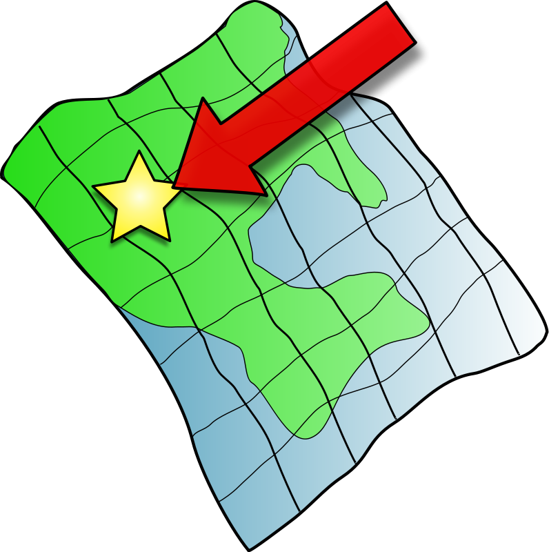 Icono de mapa, con la superficie cuadriculada, una mancha verde sobre ella, una estrella y una flecha roja que apunta a la estrella.