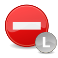 Señal de dirección prohibida, redonda, roja, con una banda horizontal blanca dentro, con un círculo con una L al lado. 