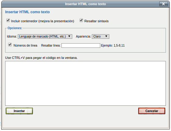 Insertar HTML como texto. Ventana